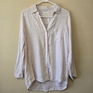 C&C California 100% Linen Button Down Shirt Tan Roll Tab Sleeve Small